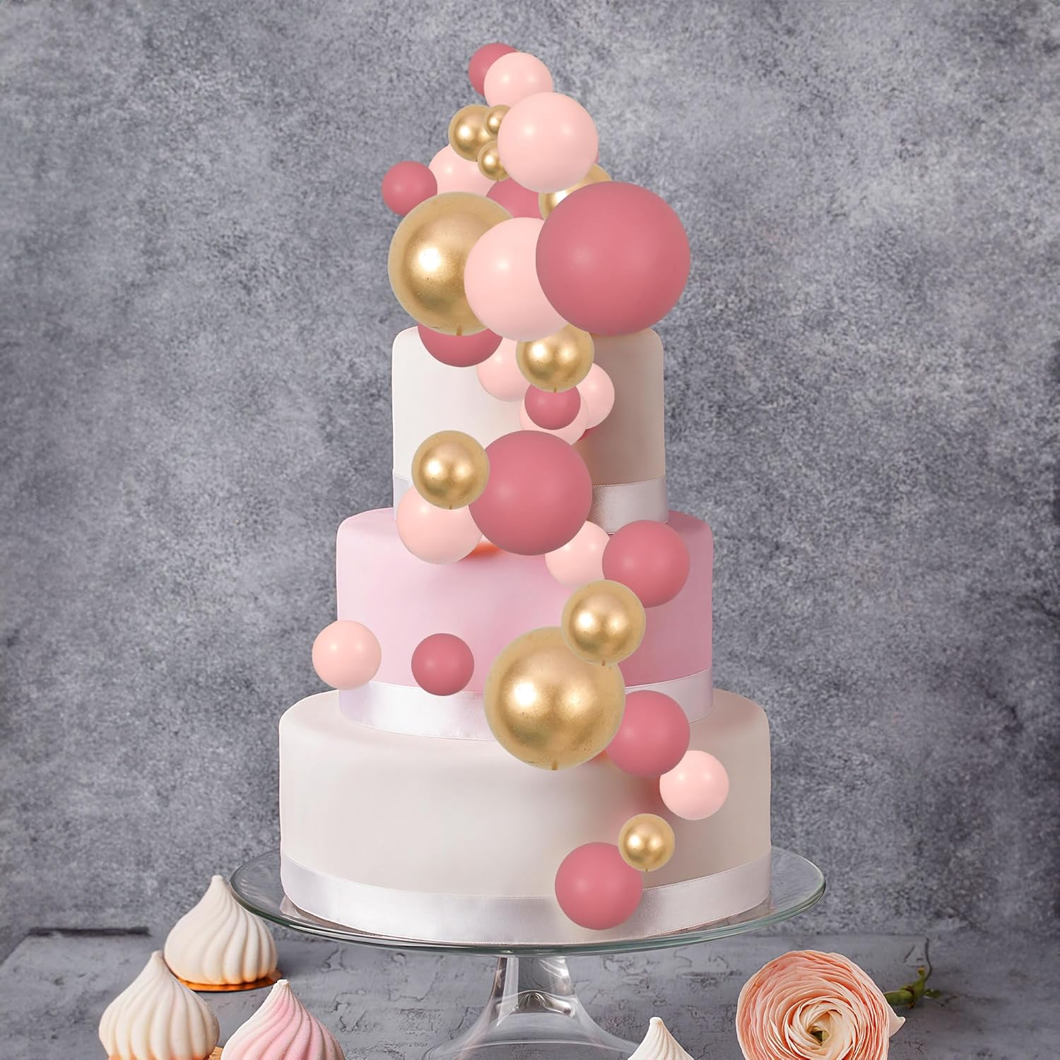 Gyufise 30Pcs Pink Gold Ball Cake Toppers