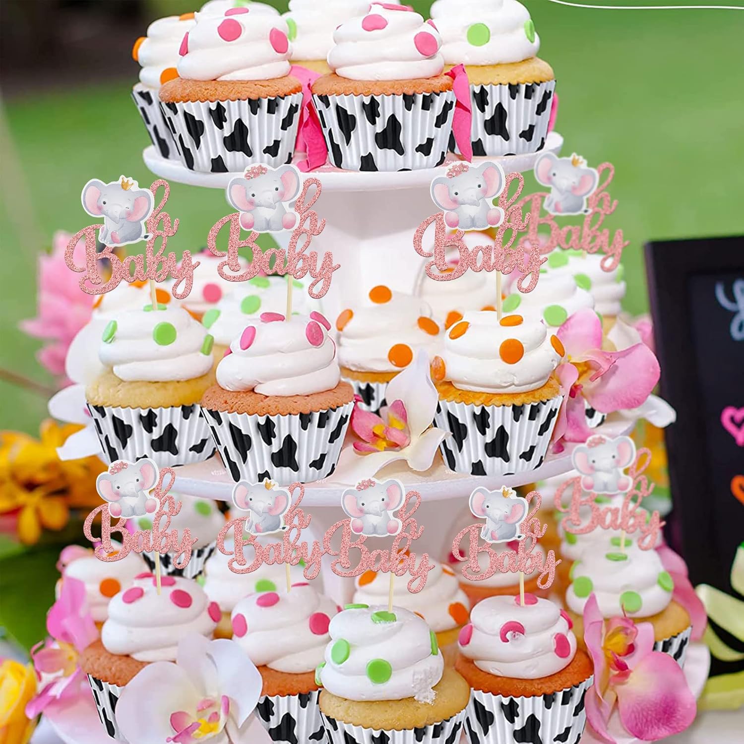 Gyufise 24Pcs Pink Elephant Cupcake Toppers