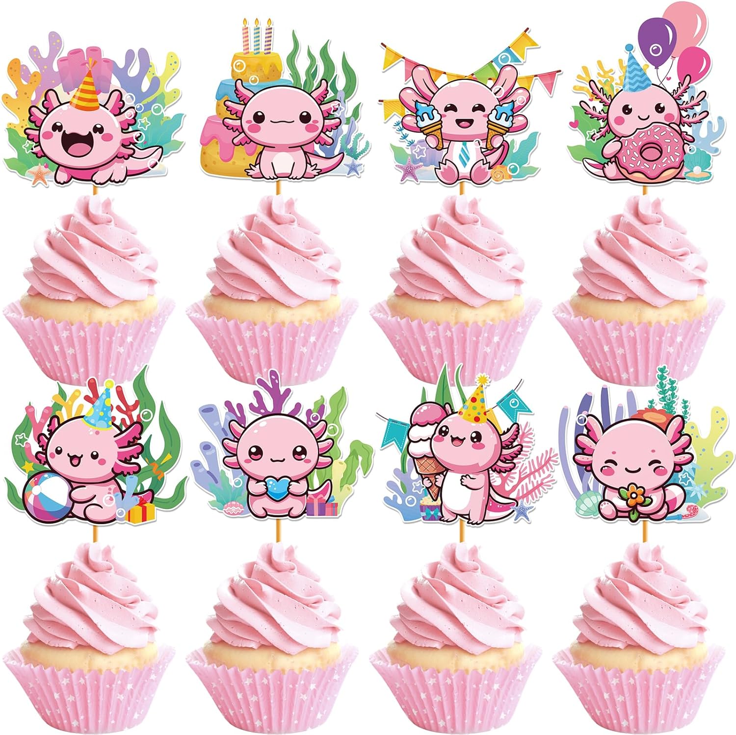 Hokinaa Axolotl Cupcake Toppers 24 Pcs Pink Birthday Decorations