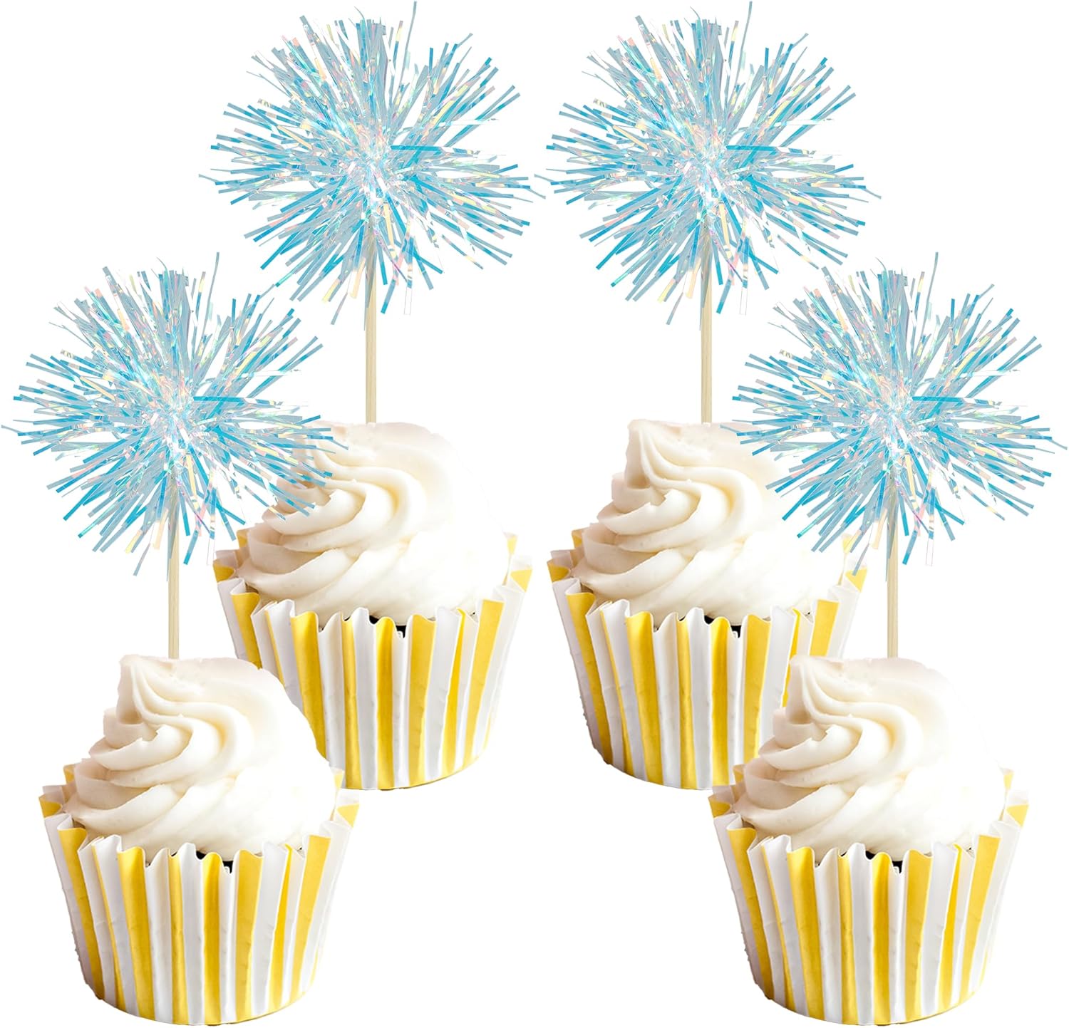 Gyufise 30Pcs Foil Firework Cupcake Toppers with Tinsel