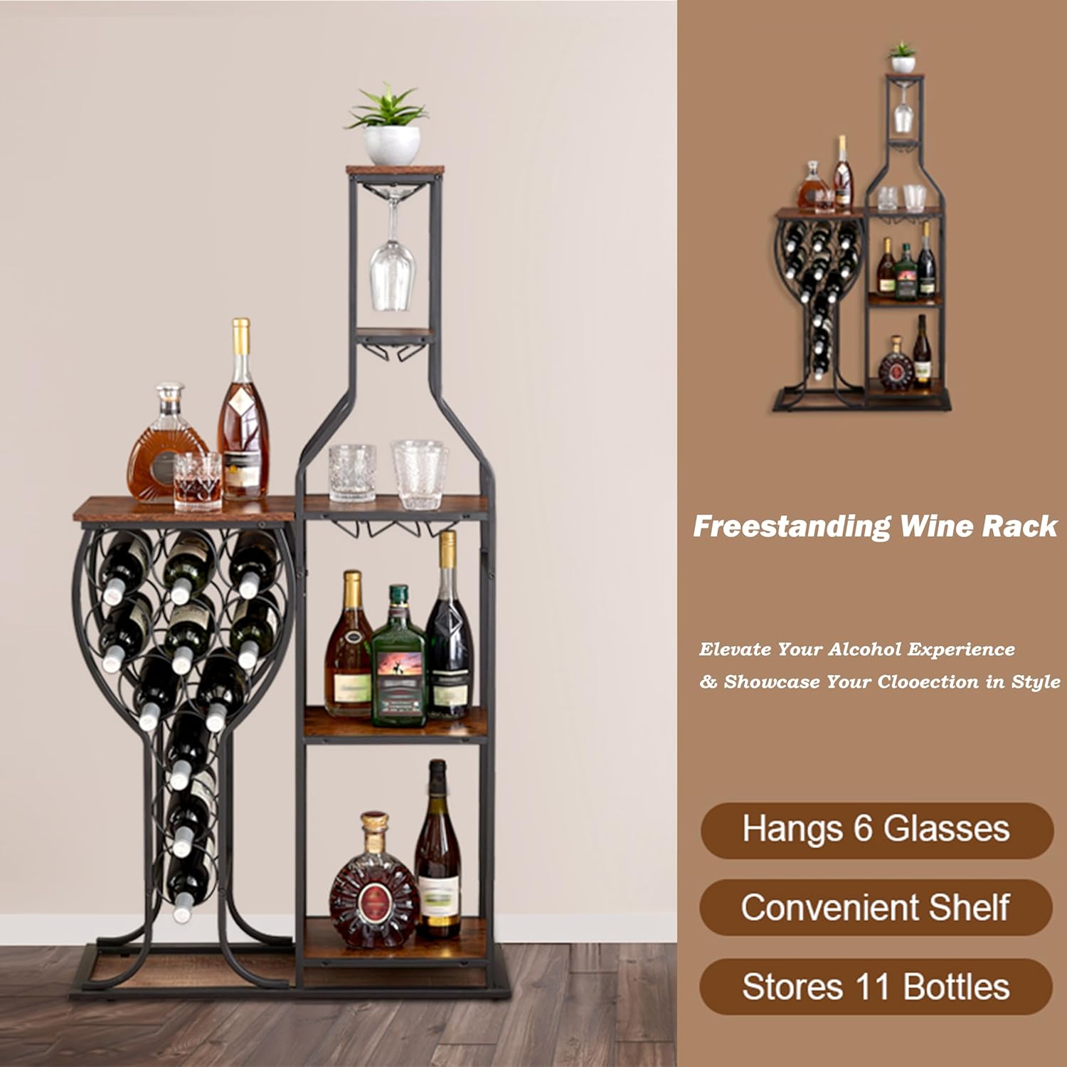 5 Tier Wine Rack Freestanding Cabinet with 6 Glass Holder