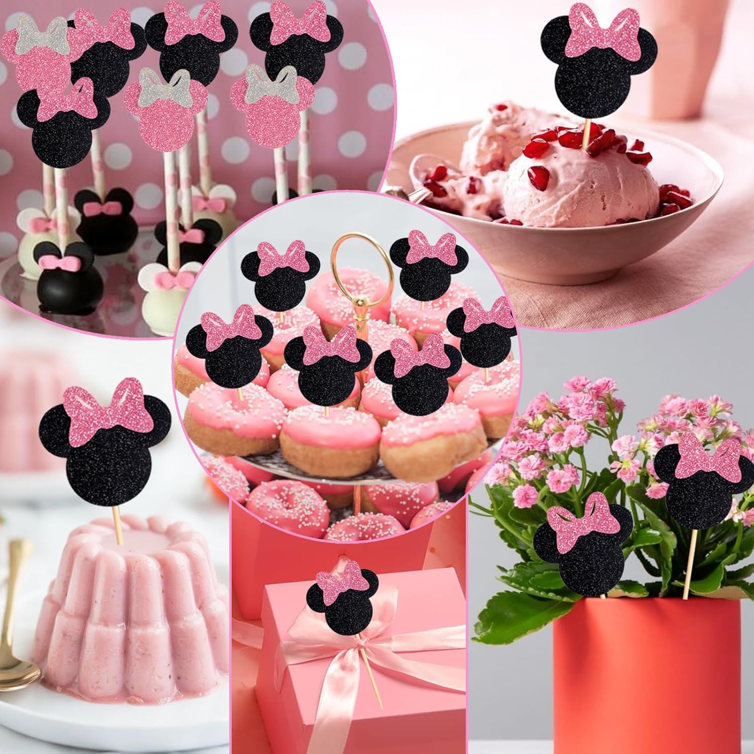 25Pcs Glitter Mouse Cupcake Toppers with Bow