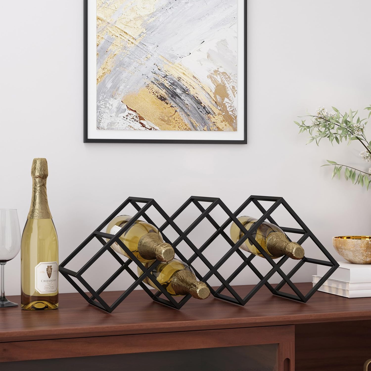 LOPOO 7 Bottle Countertop Wine Rack Modern Black Metal