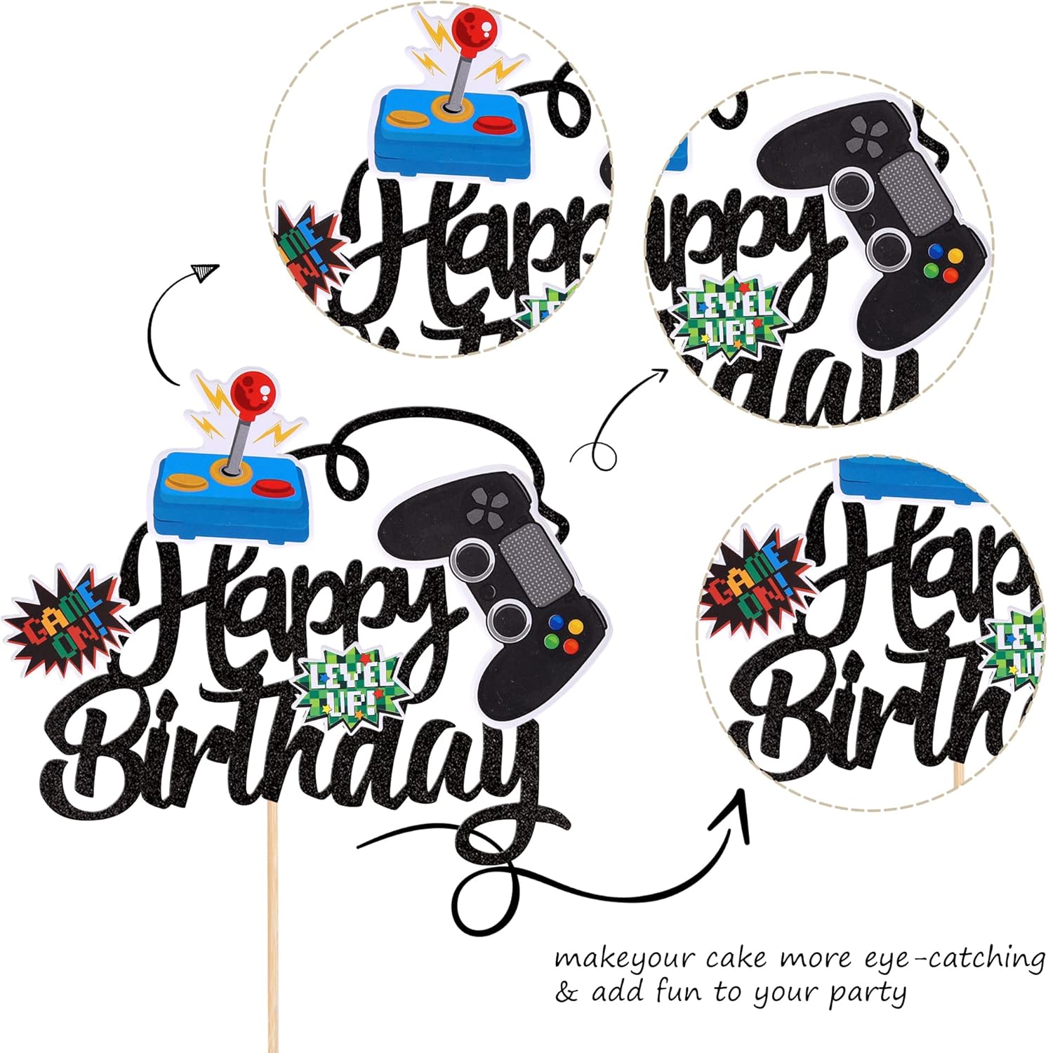 ZHUOWEISM Video Game Cake Topper Glitter GamePad Birthday Decoration