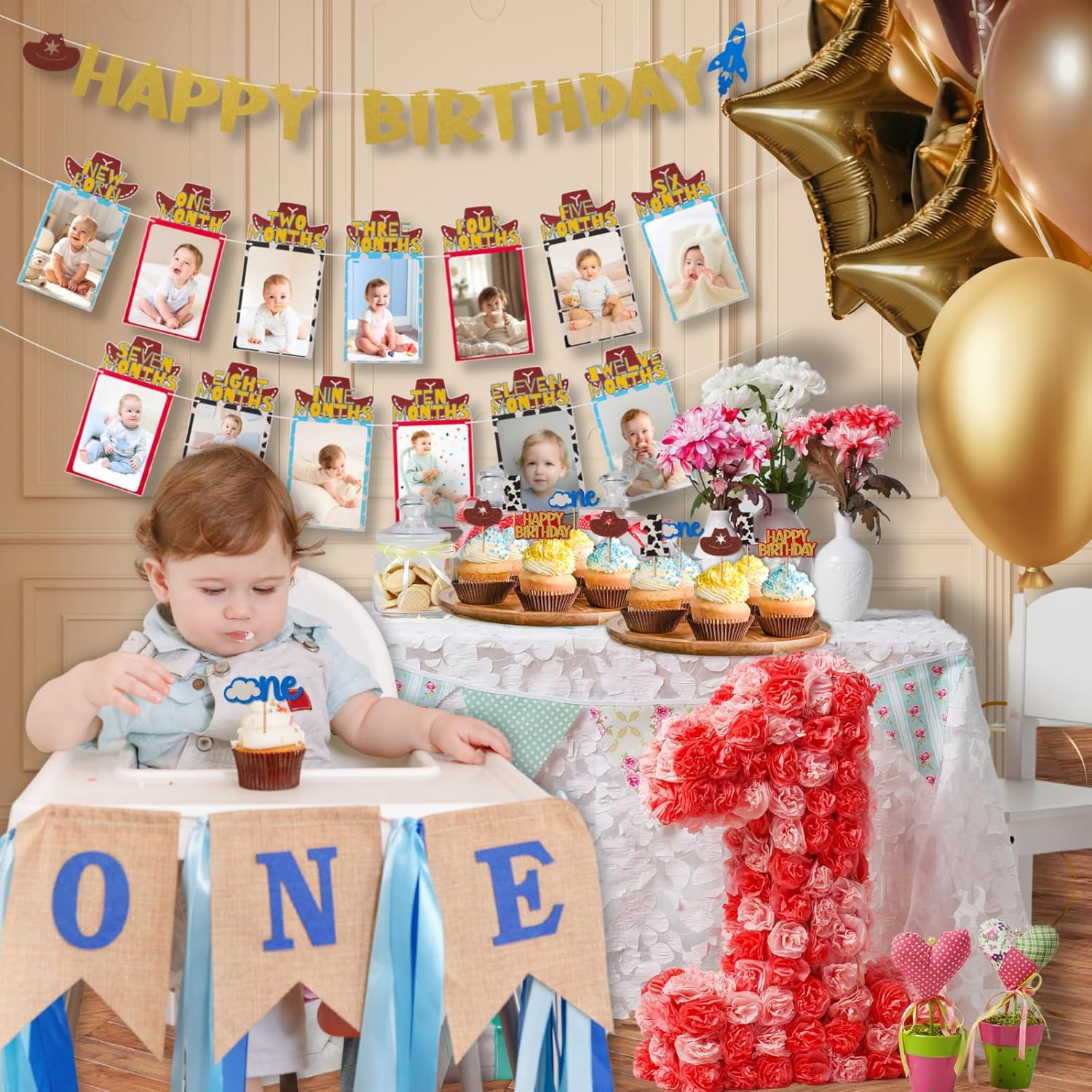 RANERVZ Western Cowboy Birthday Decorations with 24pcs Cake Toppers