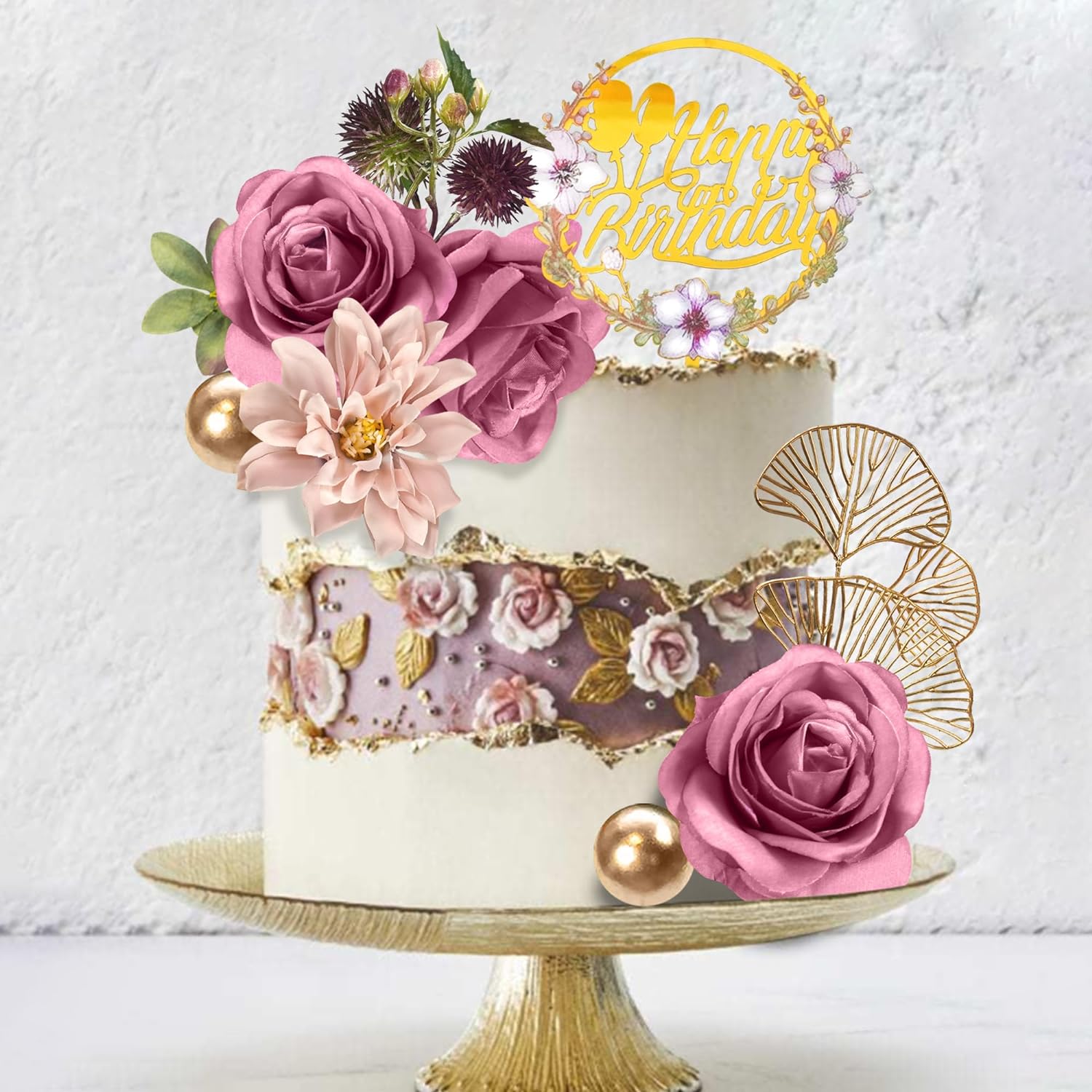 DRWATE Flower Cake Toppers Purple Rose and Ginkgo Leaf Set