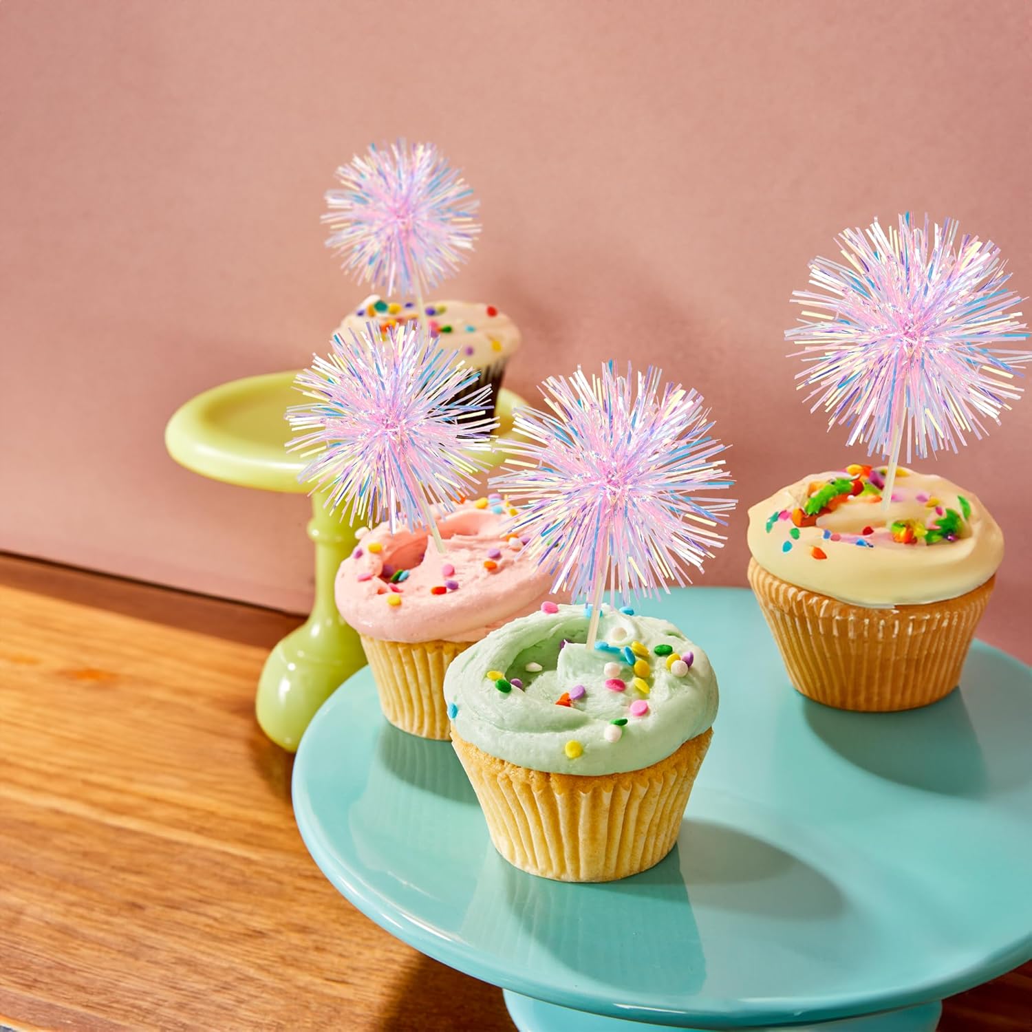 Ephlyn 30Pcs Foil Firework Cupcake Toppers Pink