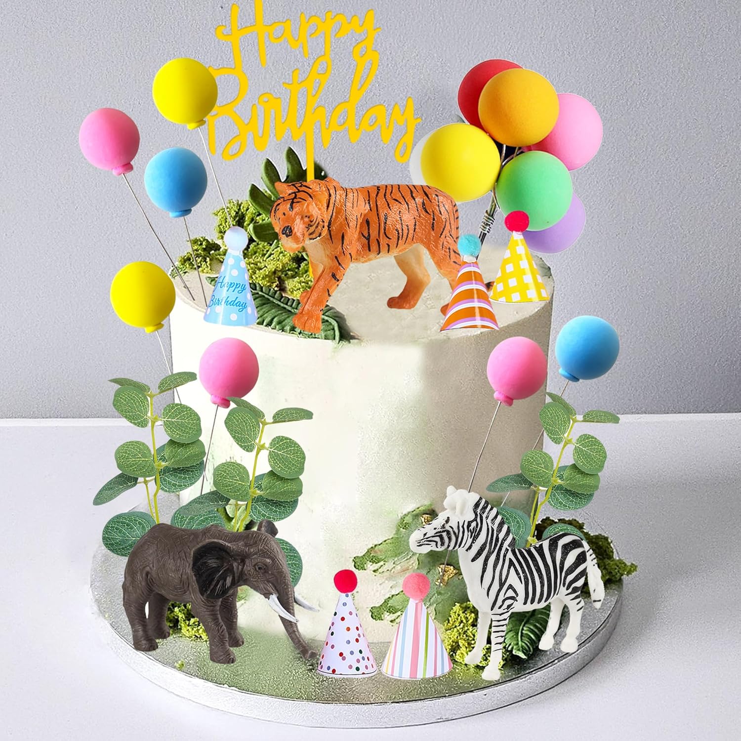 LEFUBABY Safari Animal Cake Toppers with Mini Hats and Balloons 1