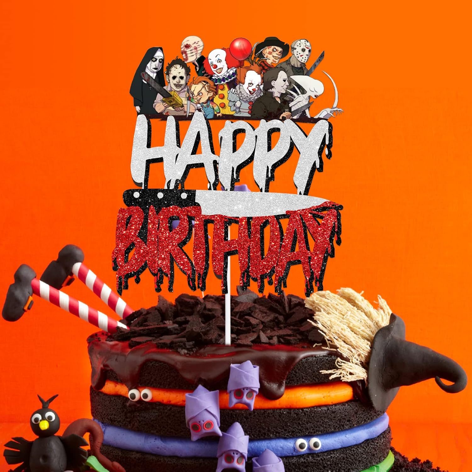 Pazwifa Halloween Cake Topper with Glitter Decor 1