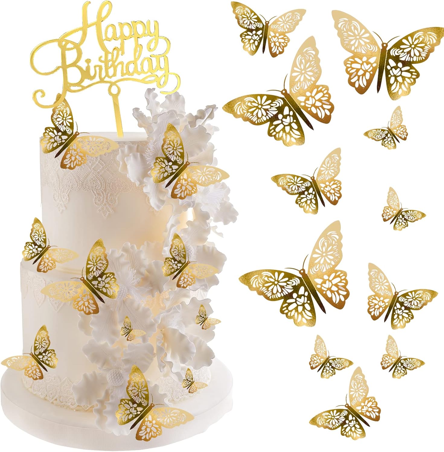 24Pcs Gold Butterfly Cake Decorations with Birthday Sign