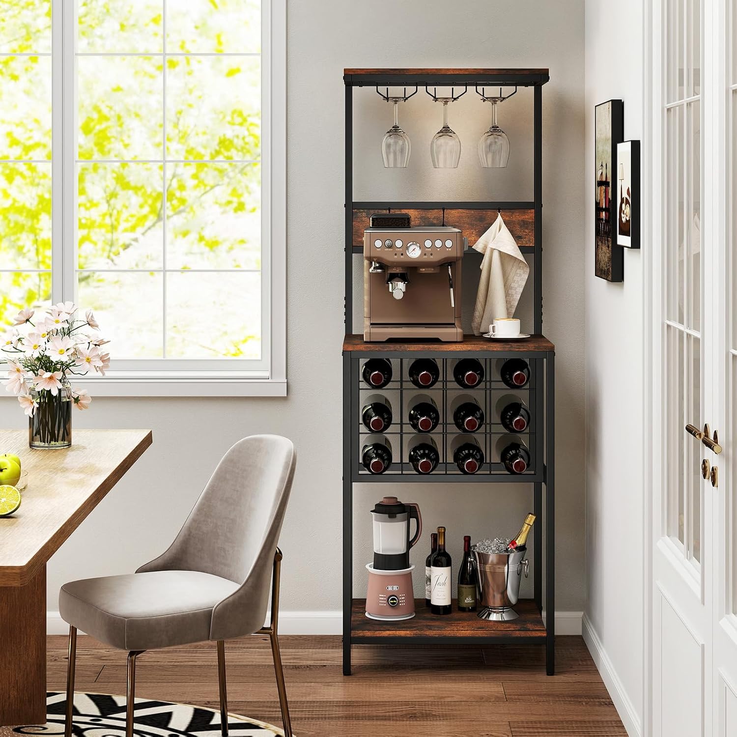 Giantex Freestanding Wine Rack with 12 Bottle Holders and 3 Glass Racks
