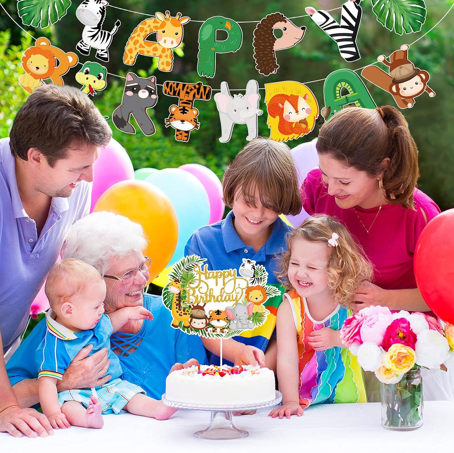 Clabby 2 Pieces Jungle Animals Birthday Banner Cupcake Topper