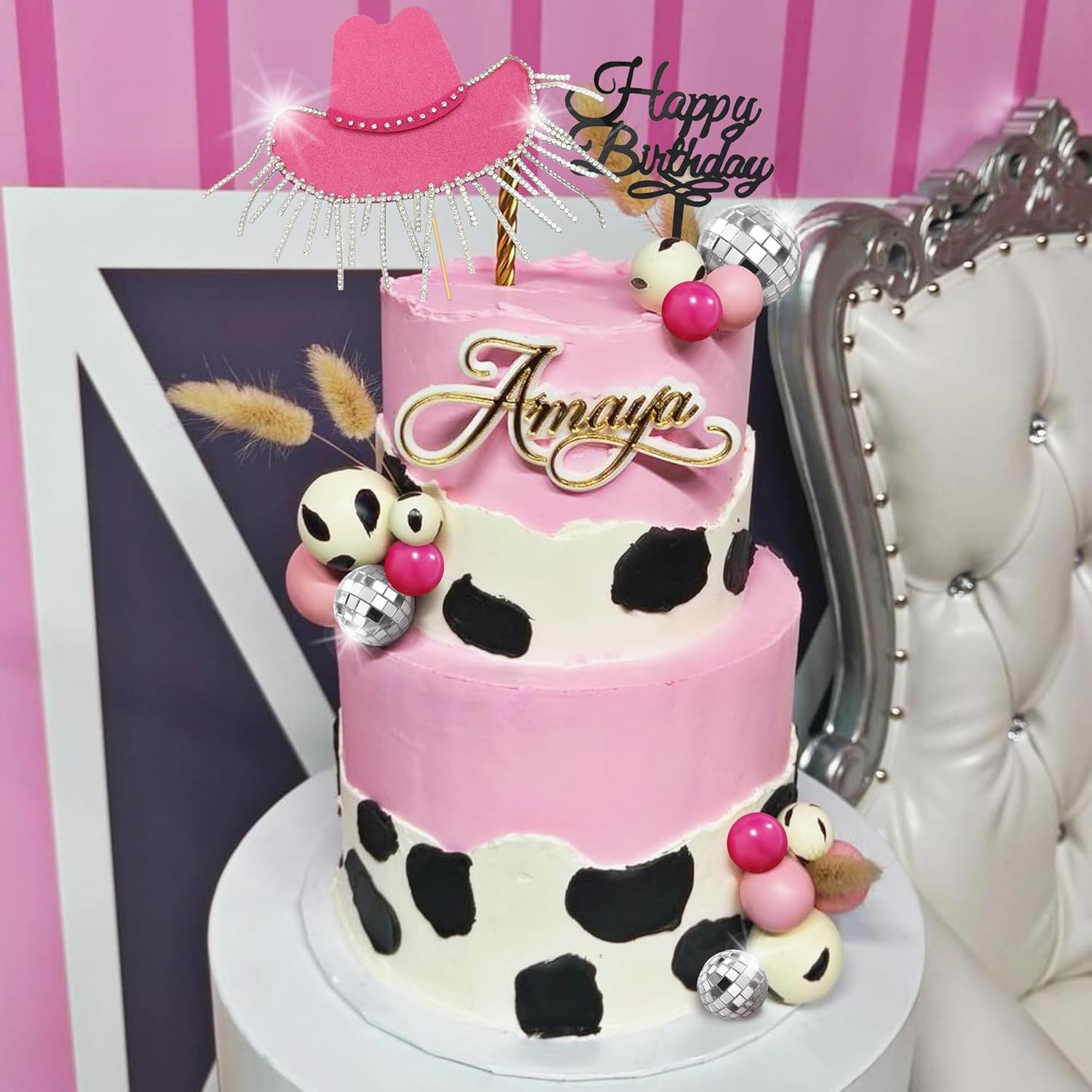 DRWATE Cowgirl Cake Topper with Disco Balls Shiny Hat