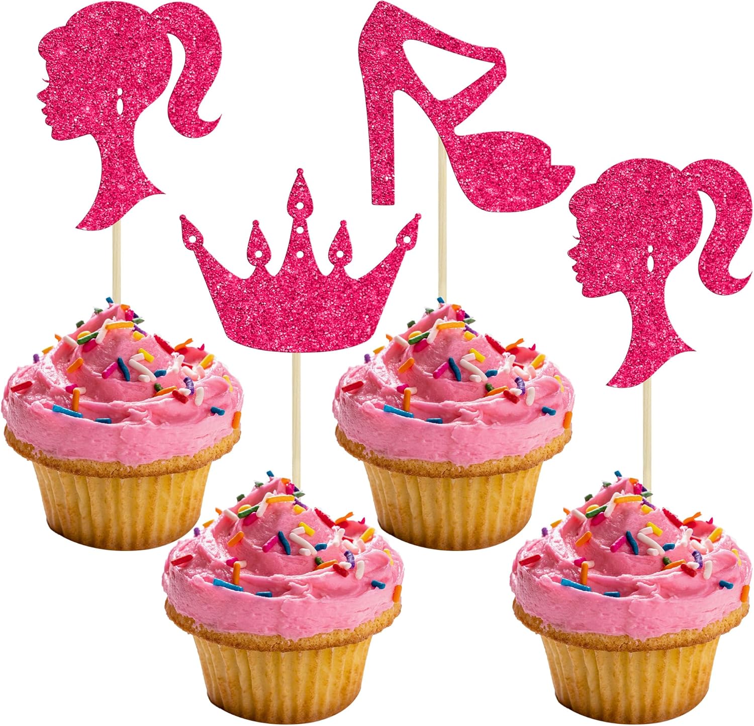 Ephlyn 24Pcs Hot Pink Glitter Princess Cupcake Toppers