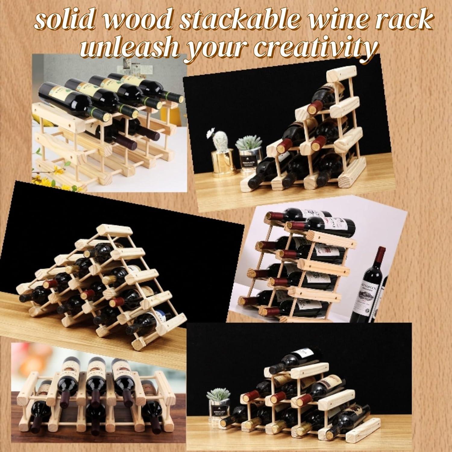 12-Bottle Wooden Wine Rack for Countertop and Cabinet