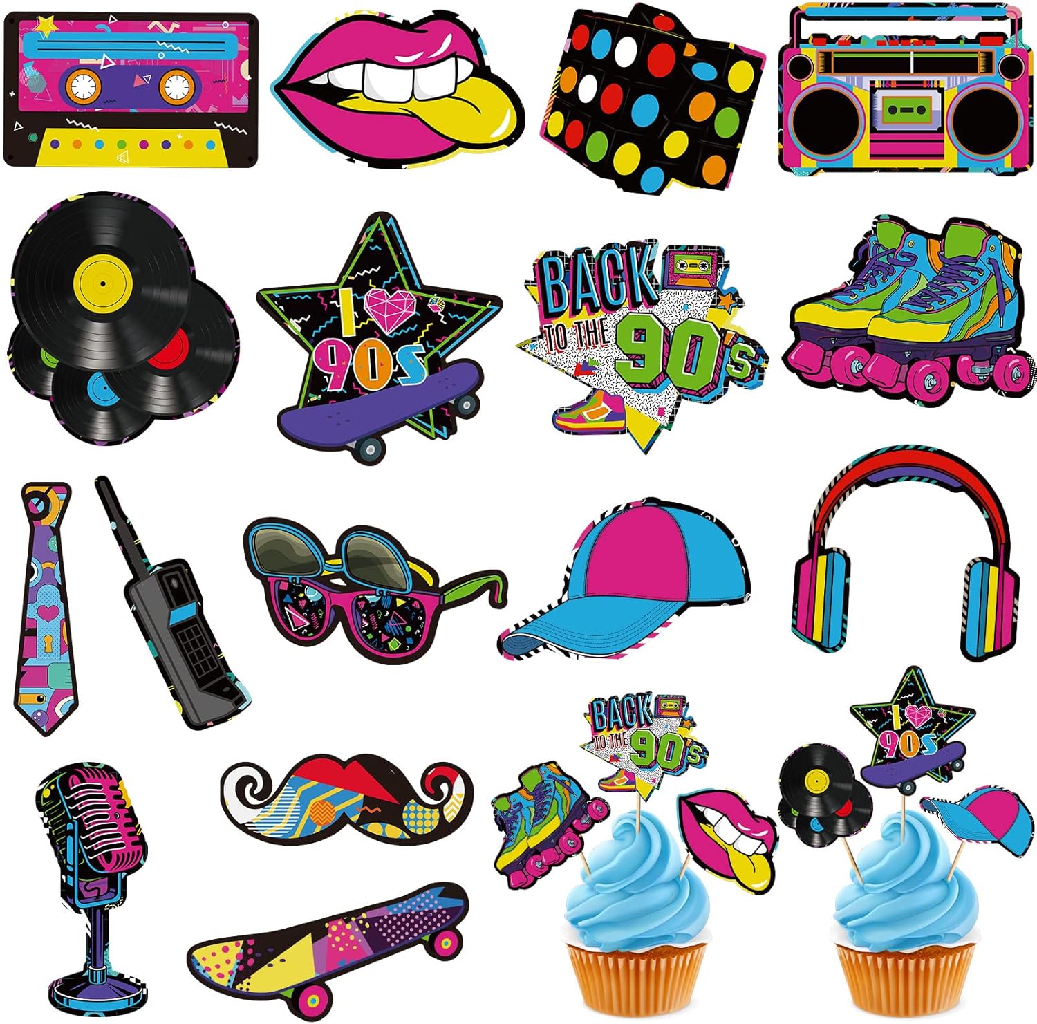 Clabby 32 Piece 90s Style Cupcake Topper Set