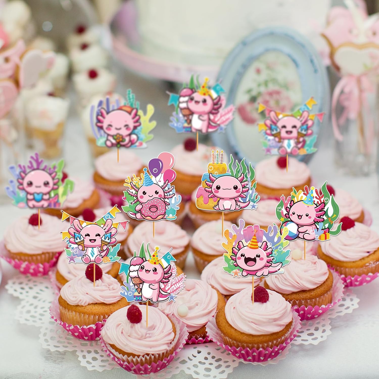 Hokinaa Axolotl Cupcake Toppers 24 Pcs Pink Birthday Decorations