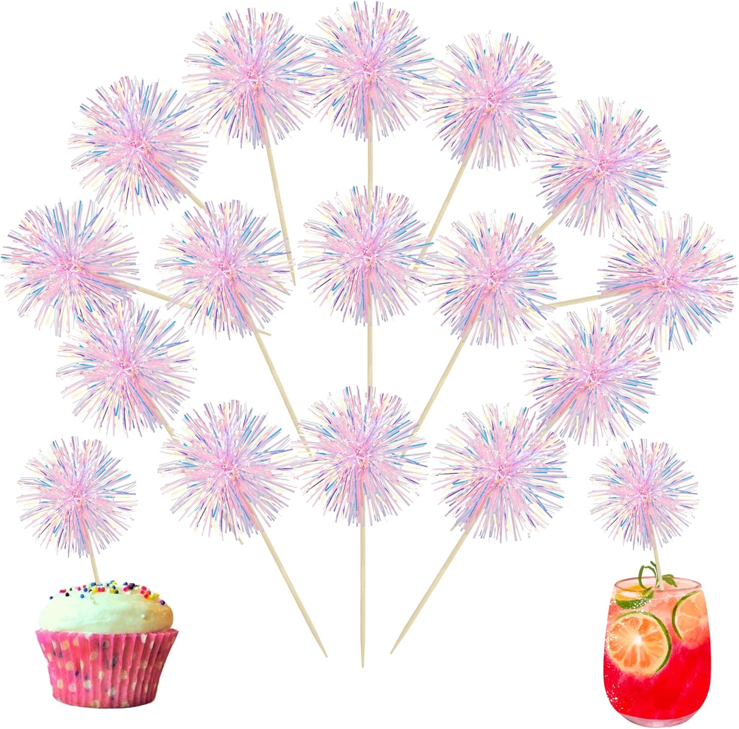 Ephlyn 30Pcs Foil Firework Cupcake Toppers Pink
