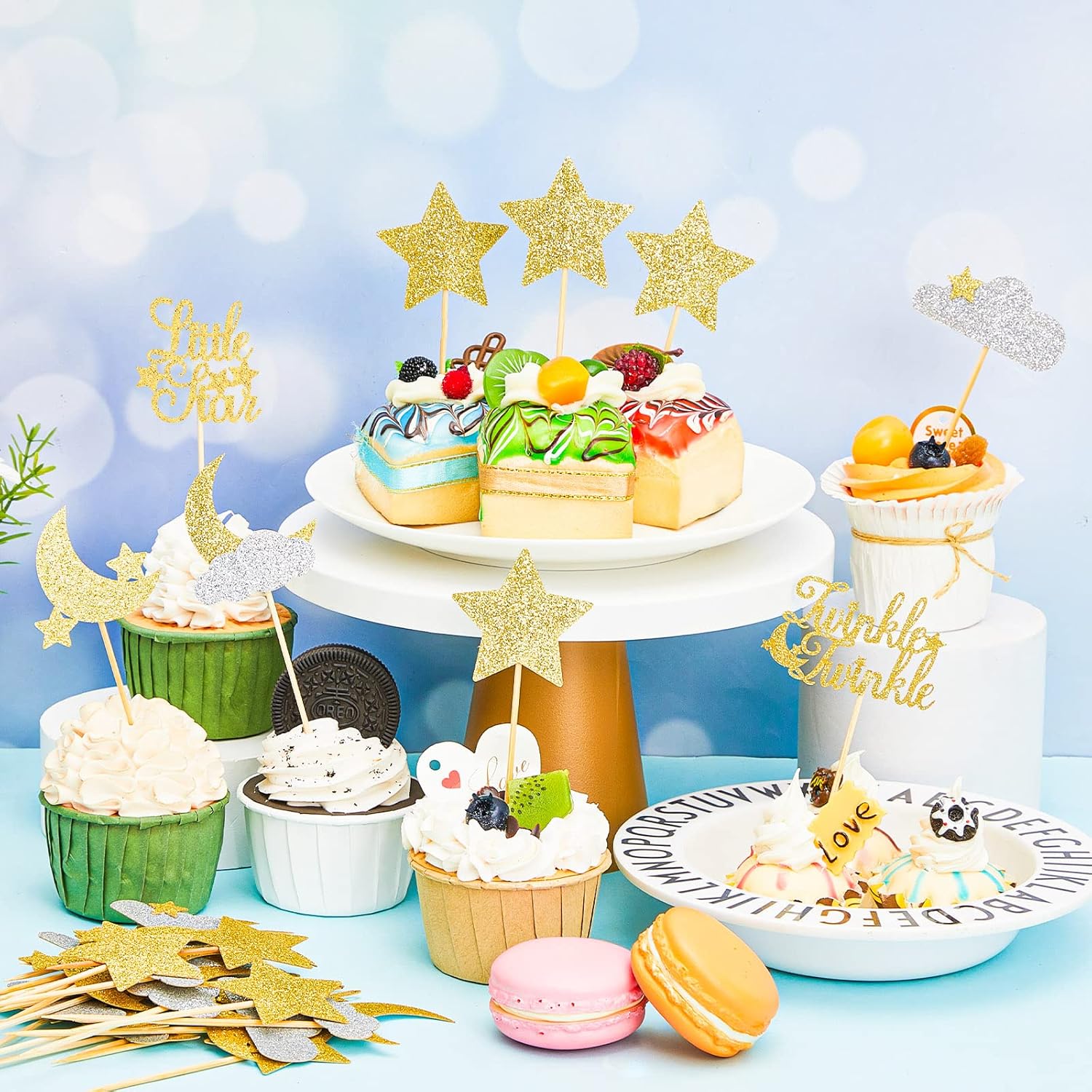 48 Pcs Glitter Star Cupcake Toppers Gold Silver 1