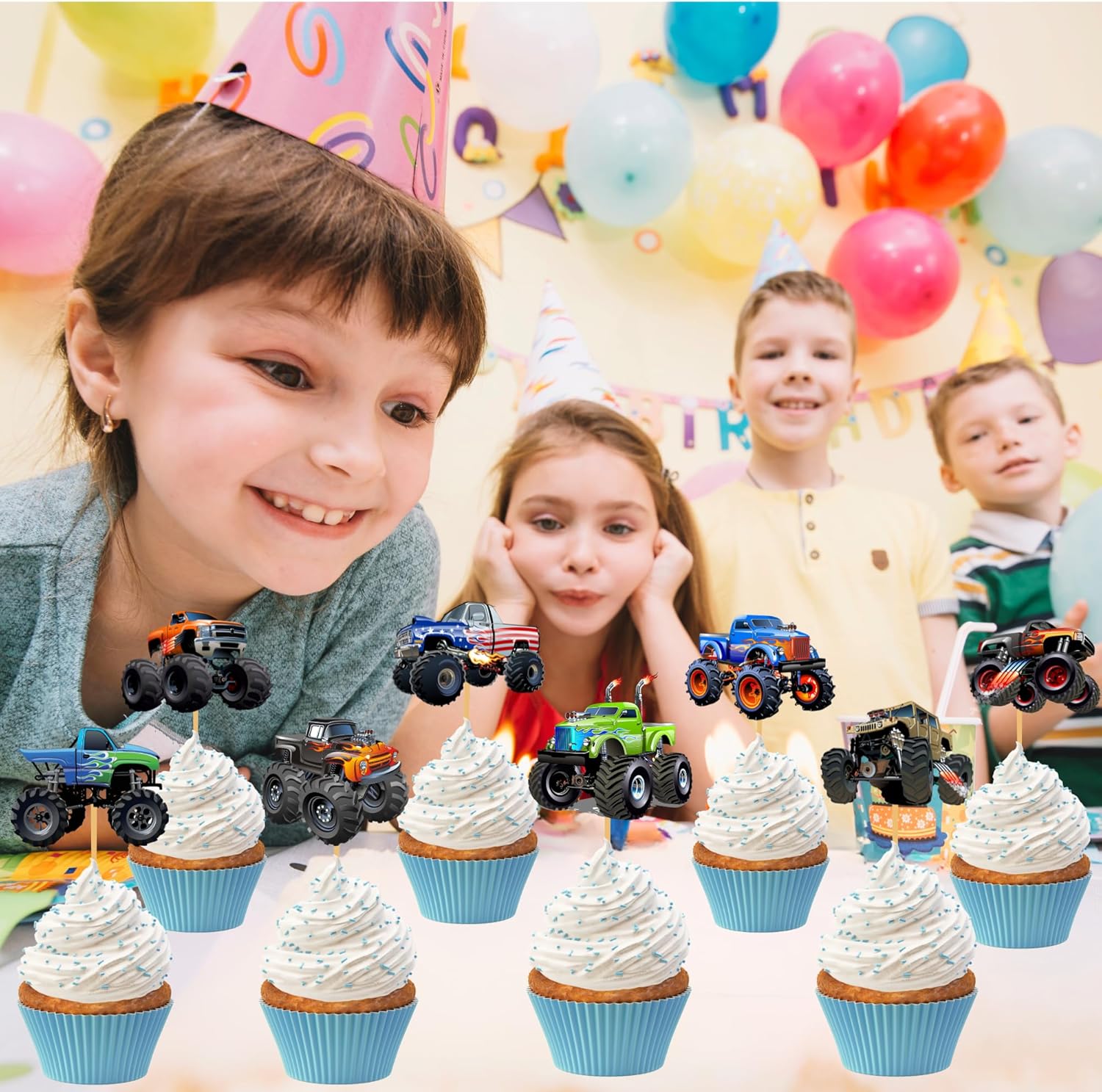 24PCS Monster Truck Cupcake Toppers Decorations
