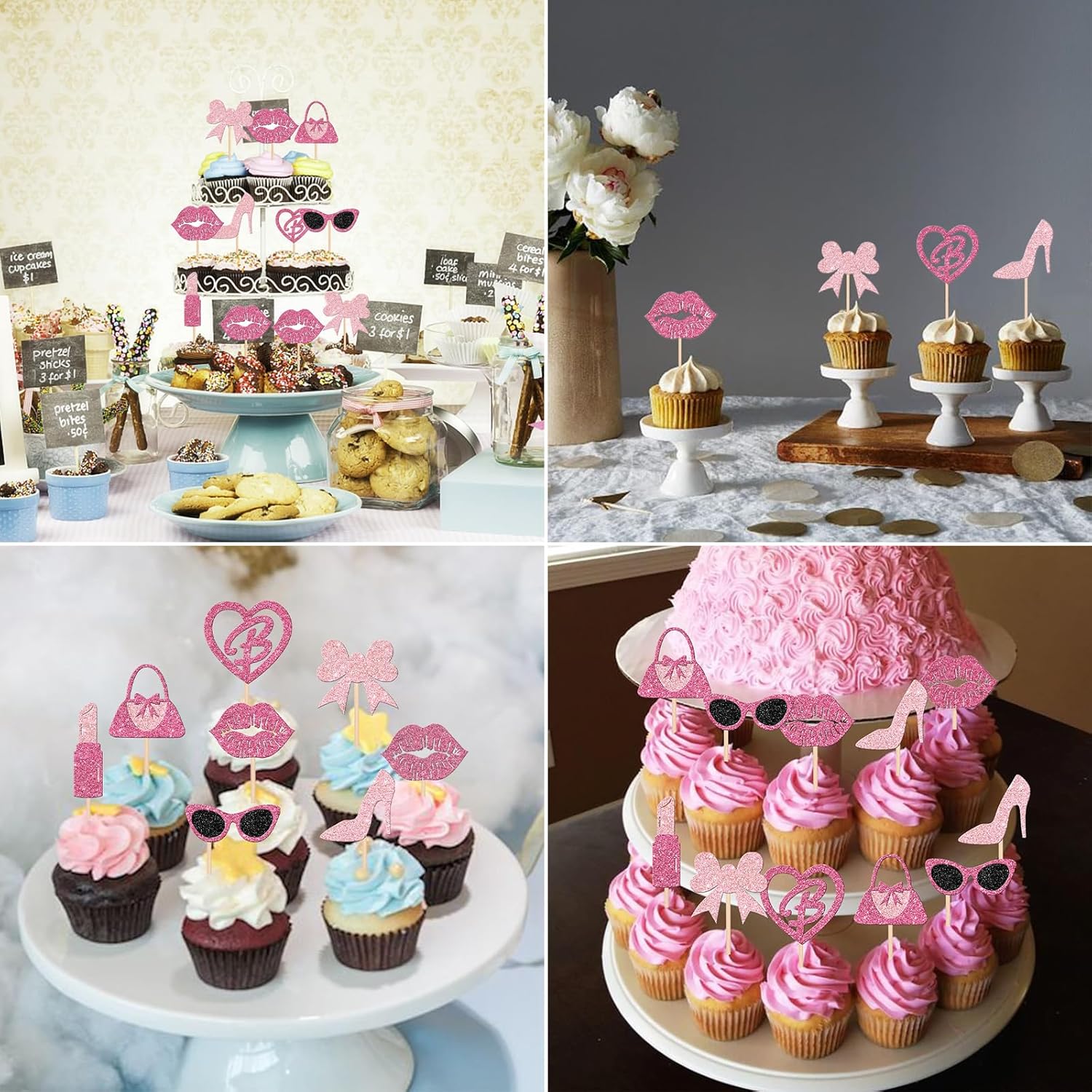 Biendo Glitter Pink Cupcake Toppers 32PCS Princess Theme Decorations