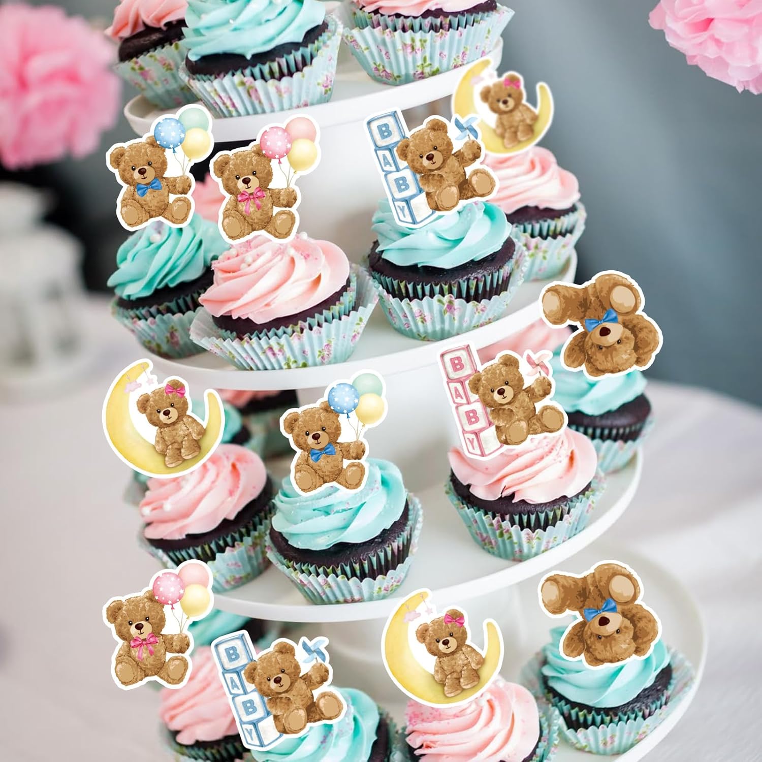 30pcs Blue Pink Bear Cupcake Toppers for Gender Reveal