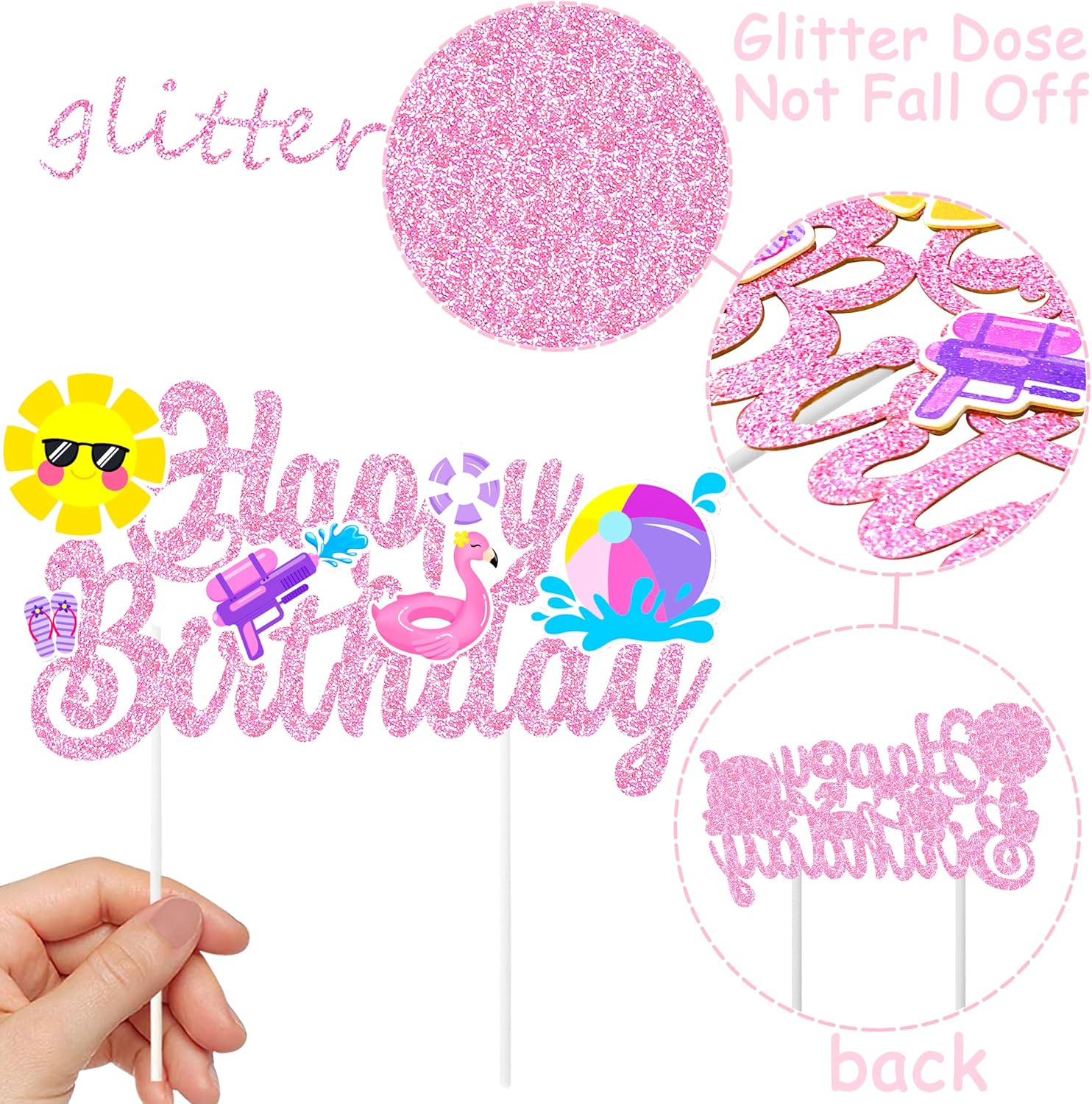 Pool Party Birthday Cake Topper with Pink Glitter