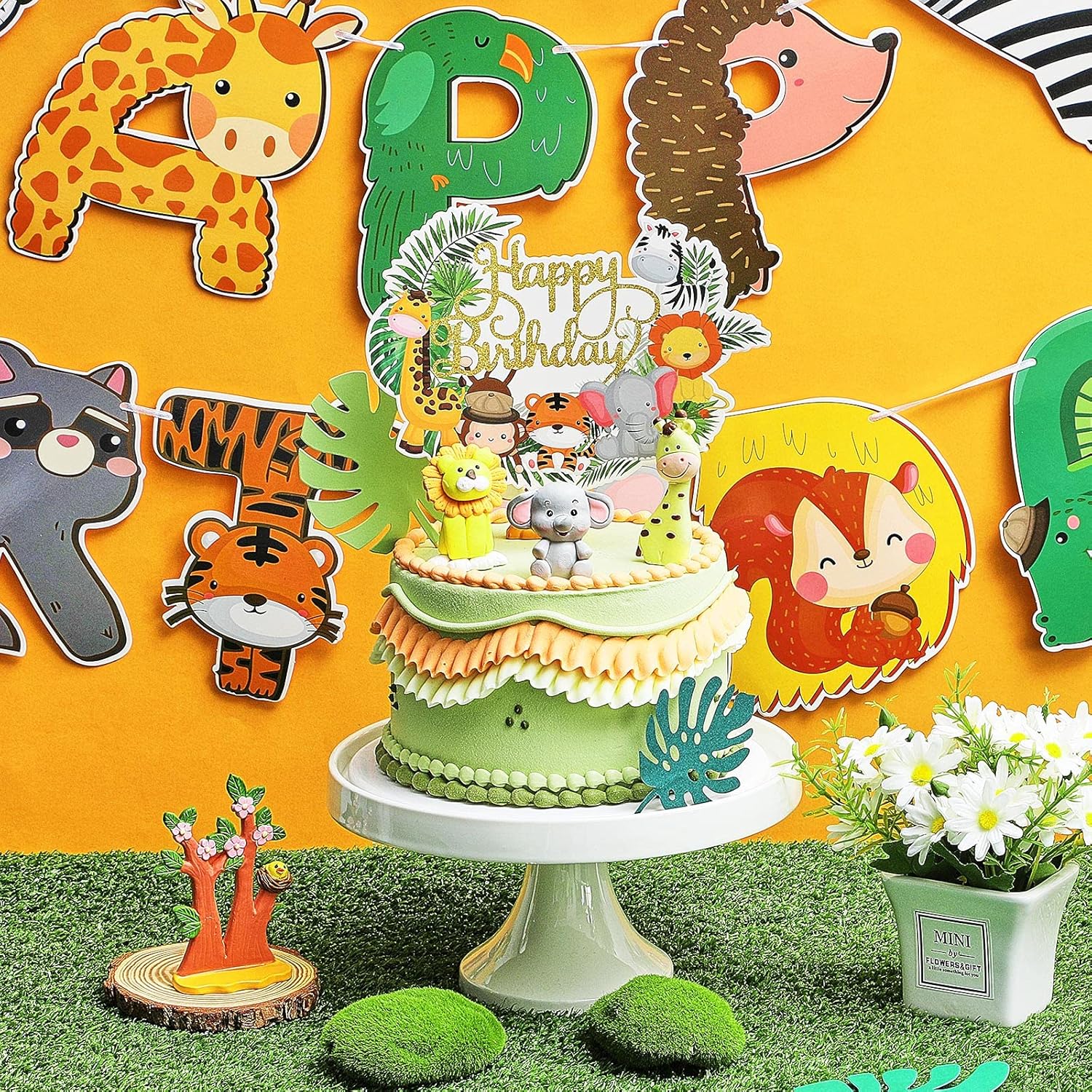 Clabby 2 Pieces Jungle Animals Birthday Banner Cupcake Topper