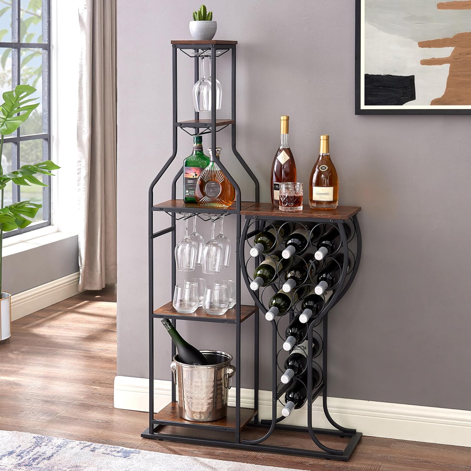 5 Tier Wine Rack Freestanding Cabinet with 6 Glass Holder