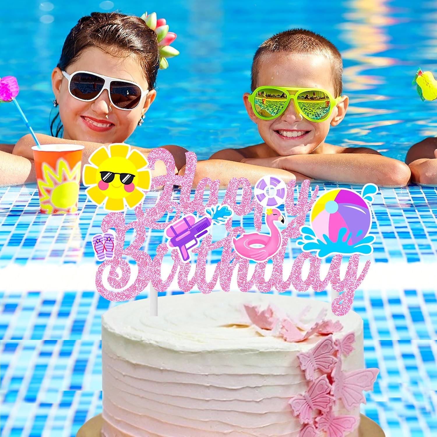 Pool Party Birthday Cake Topper with Pink Glitter