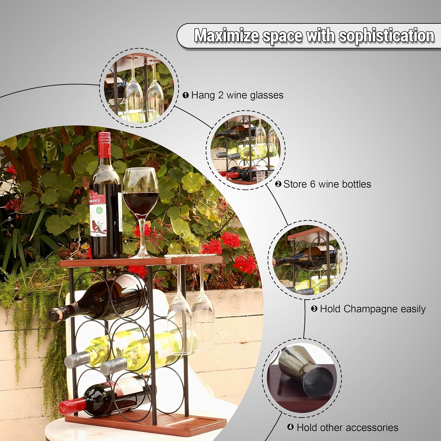 Herclove 6-Bottle Wine Rack with 2 Glasses Holder