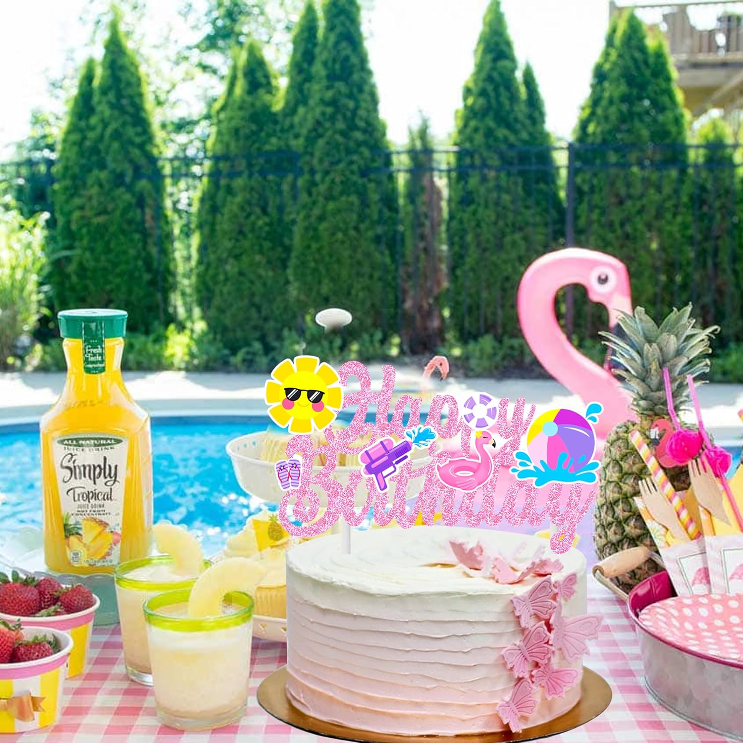 Pool Party Birthday Cake Topper with Pink Glitter
