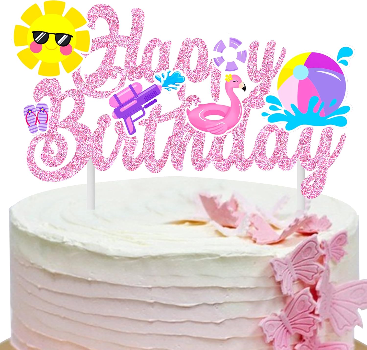Pool Party Birthday Cake Topper with Pink Glitter