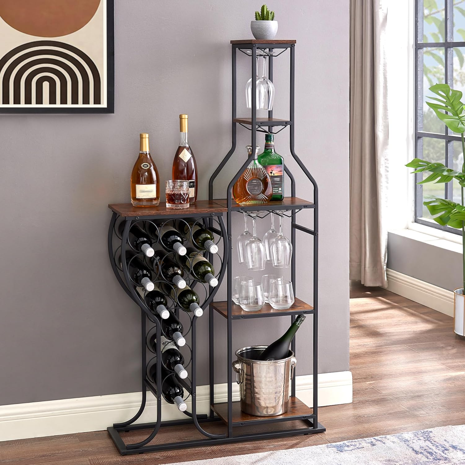 5 Tier Wine Rack Freestanding Cabinet with 6 Glass Holder