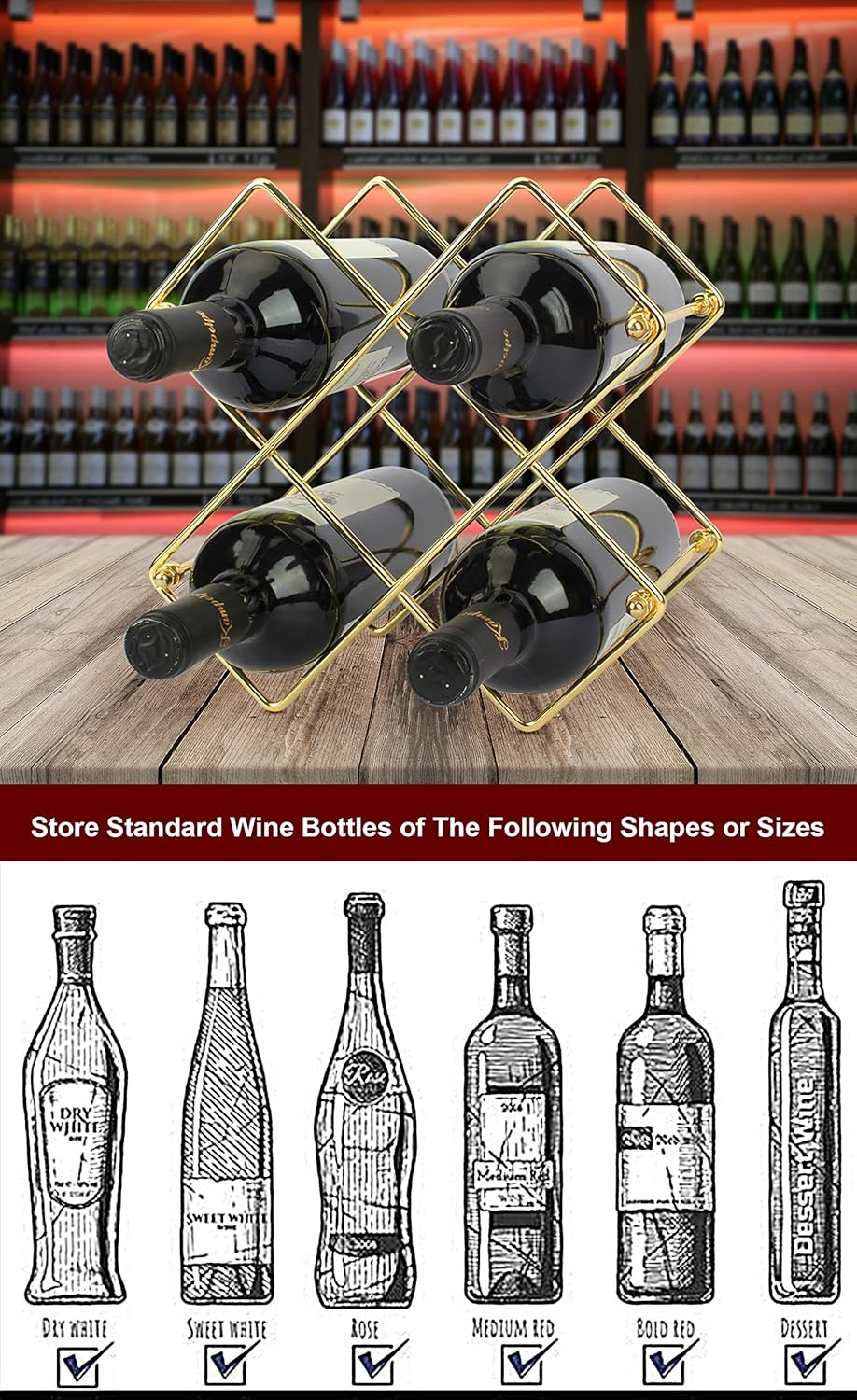 DreamiDeco 6-Bottle Metal Wine Rack Gold
