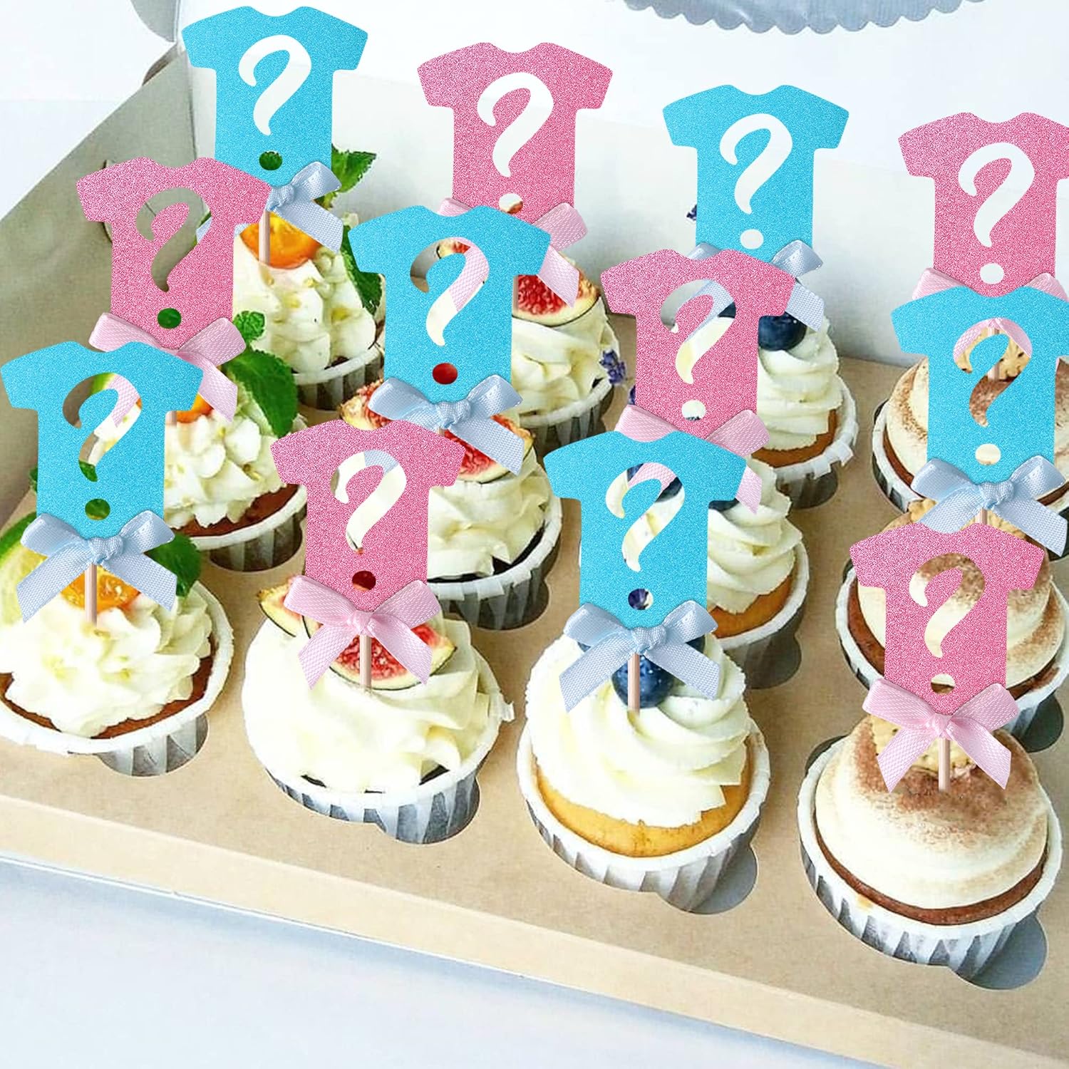 24 Pack Gender Reveal Cupcake Toppers with Glitter