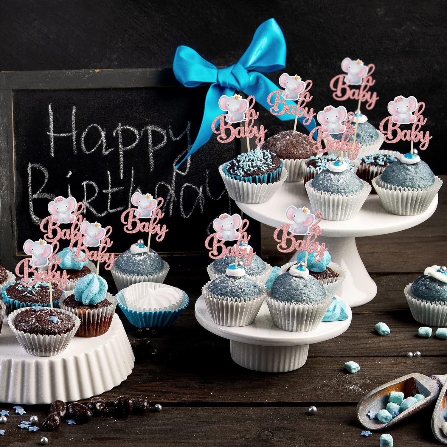 Gyufise 24Pcs Pink Elephant Cupcake Toppers