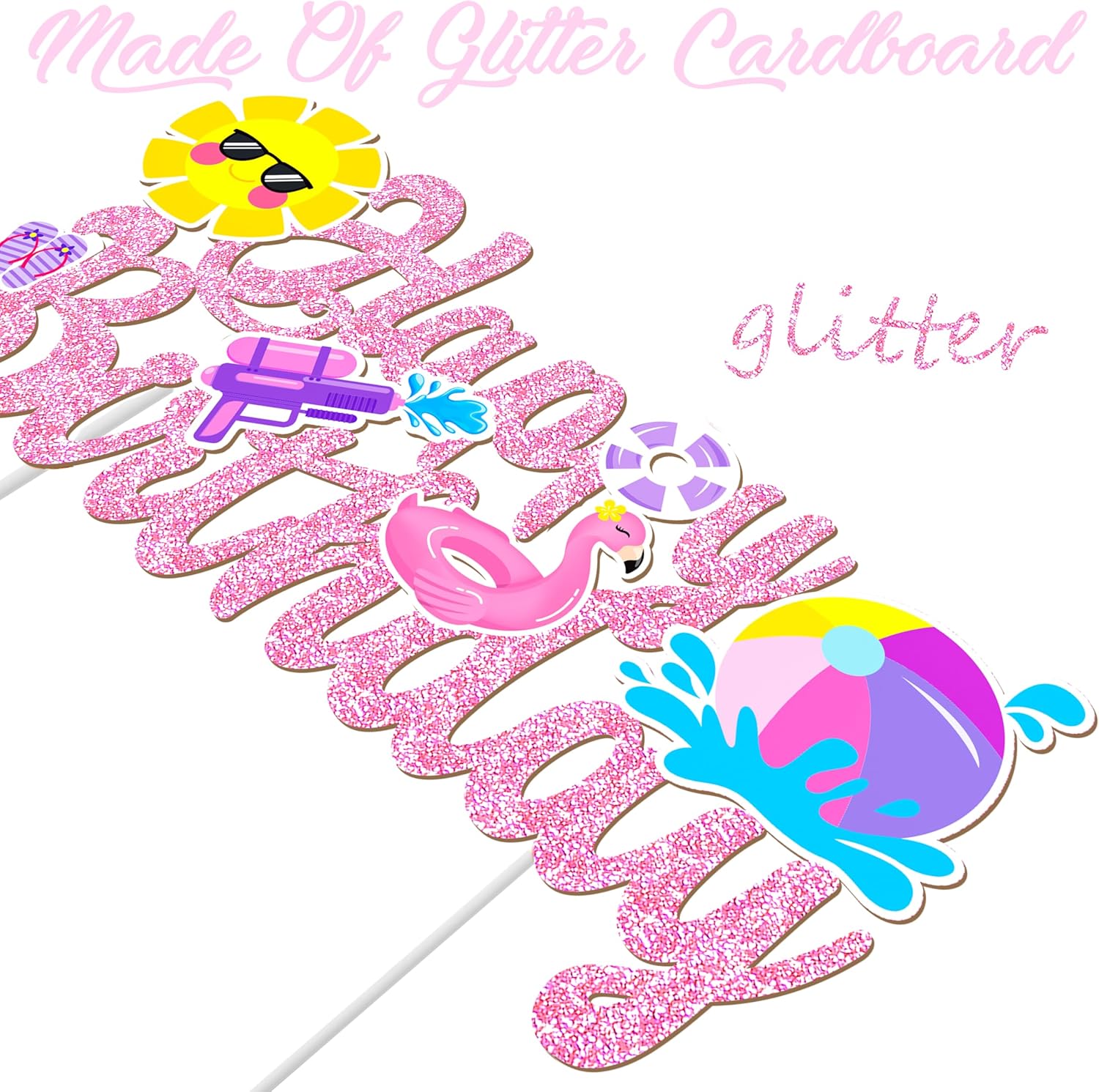 Pool Party Birthday Cake Topper with Pink Glitter